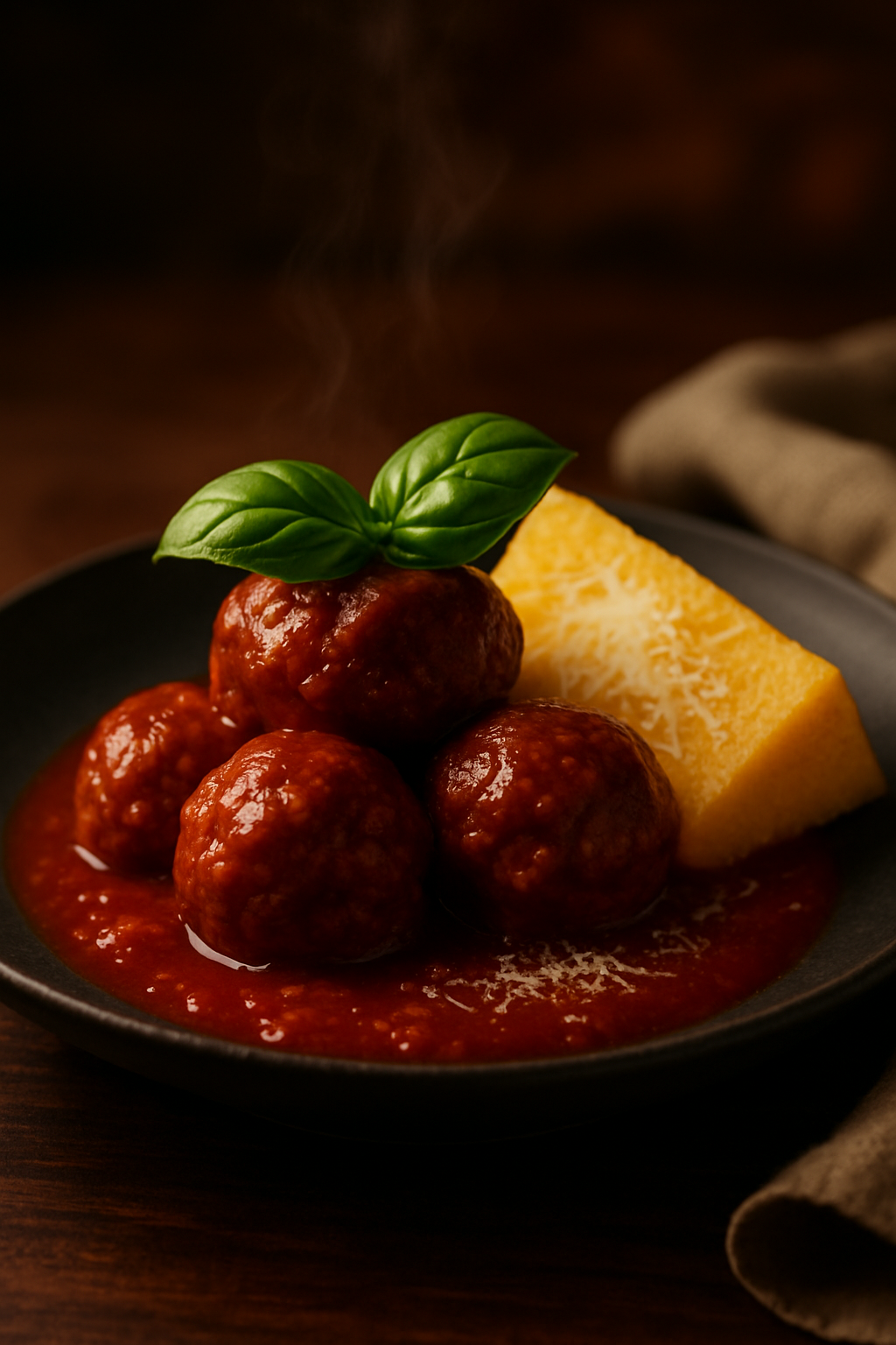 Polpette al sugo servite su letto di polenta